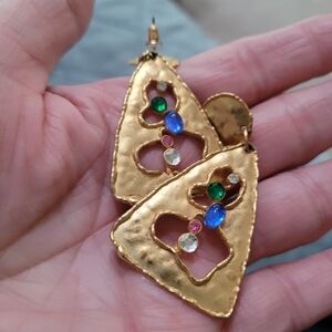 JJ Jonette Hammered Goldtone Gemstone Vintage 1988 Earrings